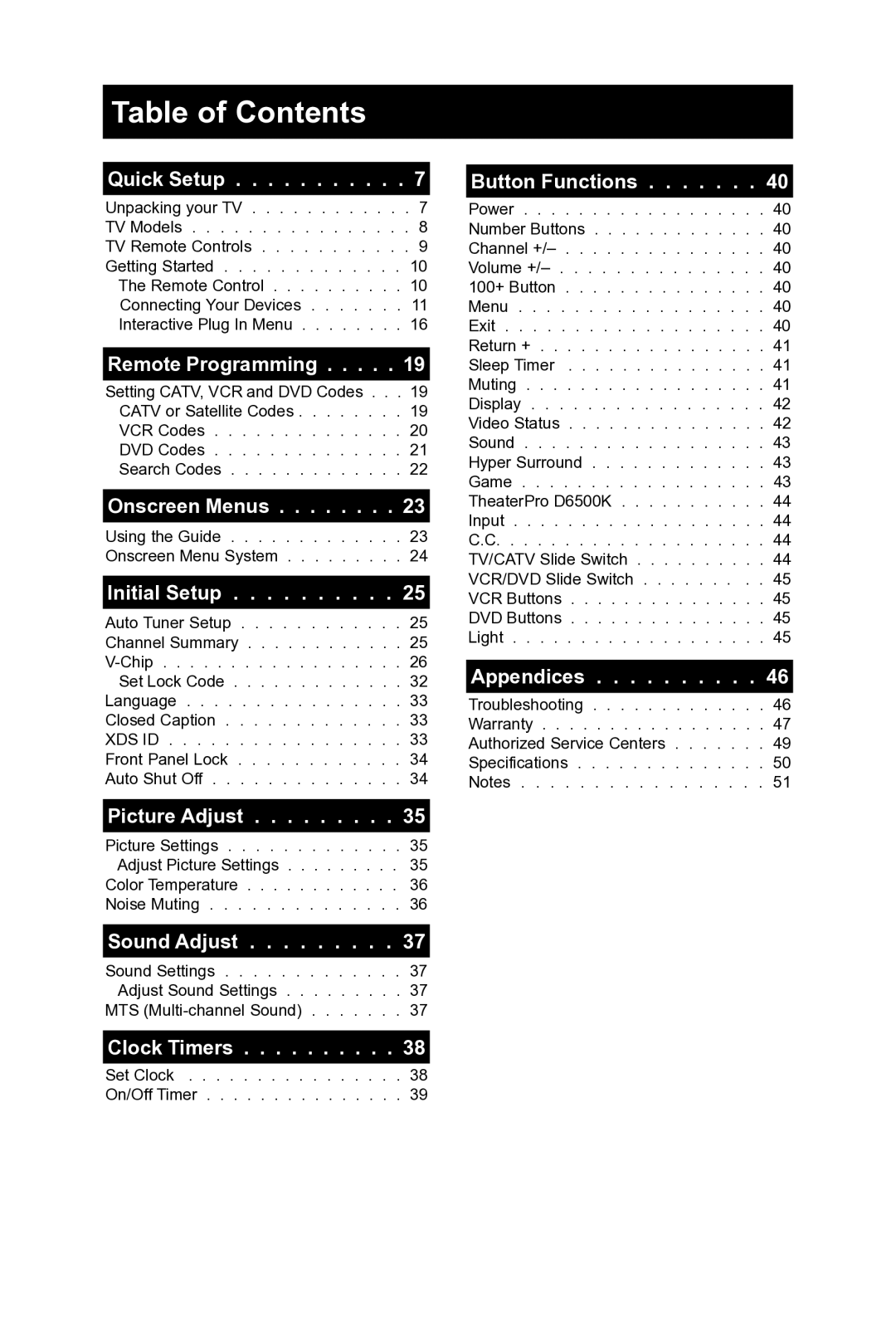 JVC AV 32D104, AV 36D304, AV 36D104, AV-32D304, AV-36D304, AV-36D104, AV-32D104 manual Table of Contents 