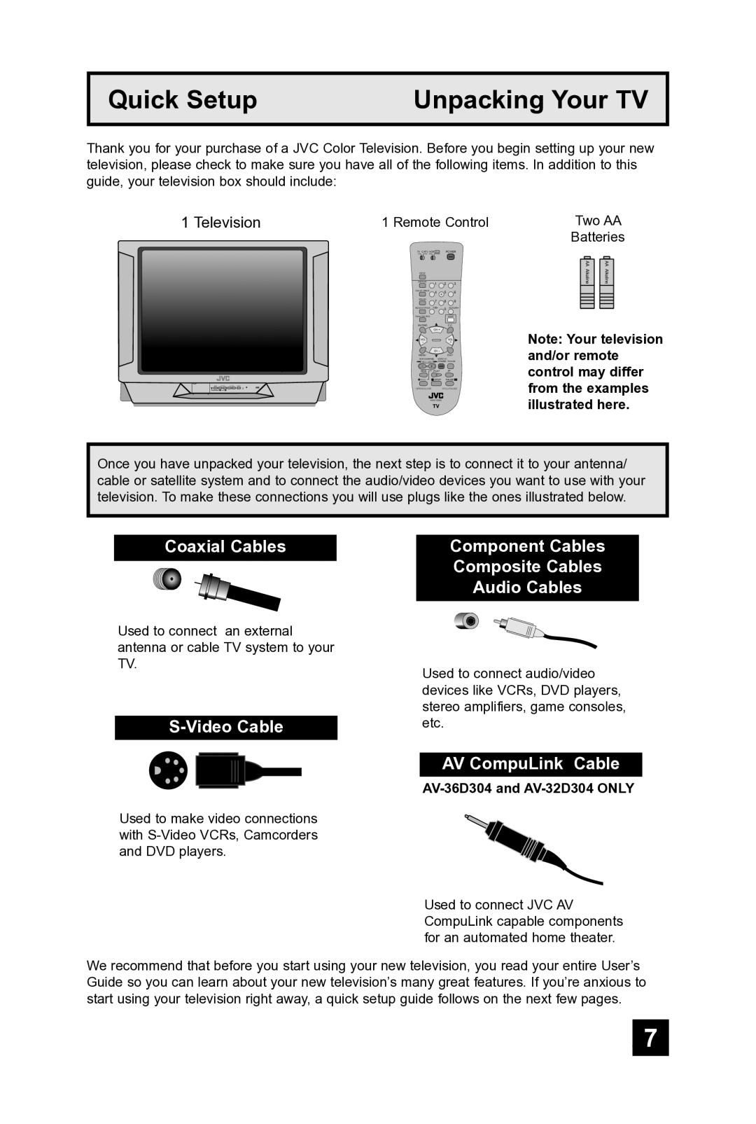 JVC AV-32D304, AV-36D304, AV-36D104, AV-32D104 Coaxial Cables, Video Cable Component Cables Composite Cables Audio Cables 