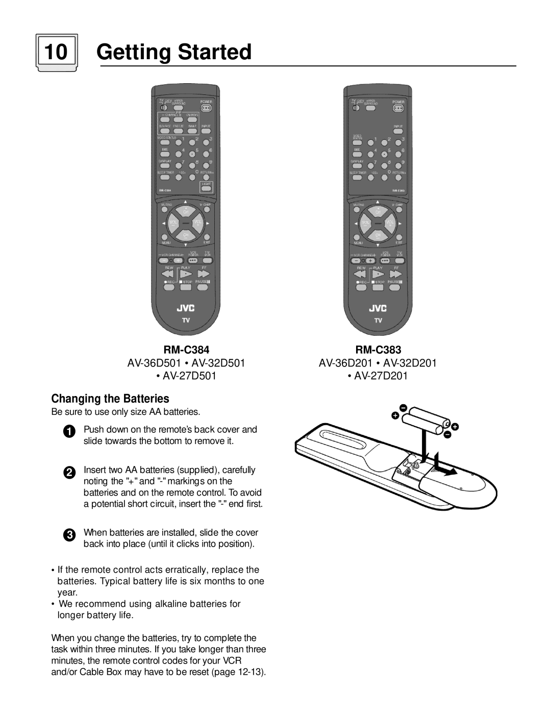 JVC AV-36D501, AV-32D501 manual Getting Started, Be sure to use only size AA batteries 