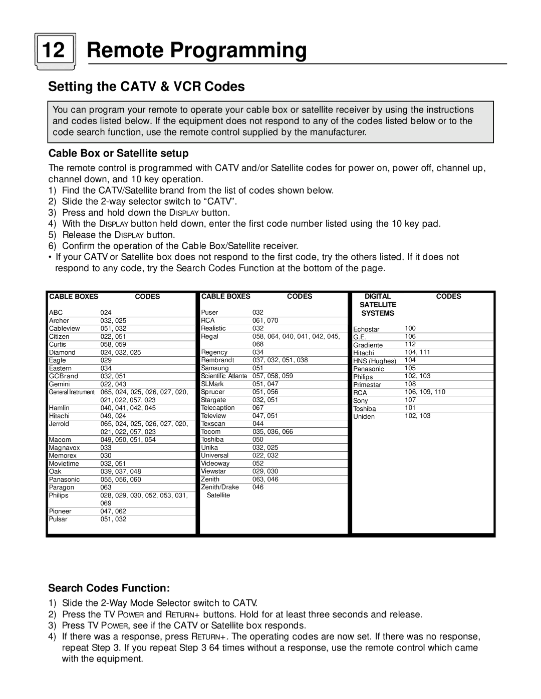 JVC AV-36D501 manual Remote Programming, Setting the Catv & VCR Codes, Cable Box or Satellite setup, Search Codes Function 