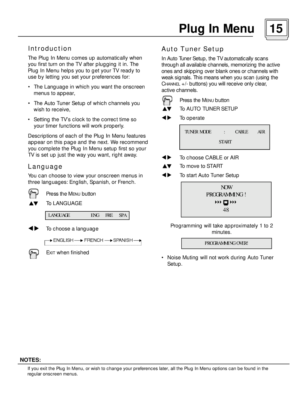 JVC AV-32D501 Plug In Menu, Introduction Auto Tuner Setup, Language, Programming will take approximately 1 to Minutes 