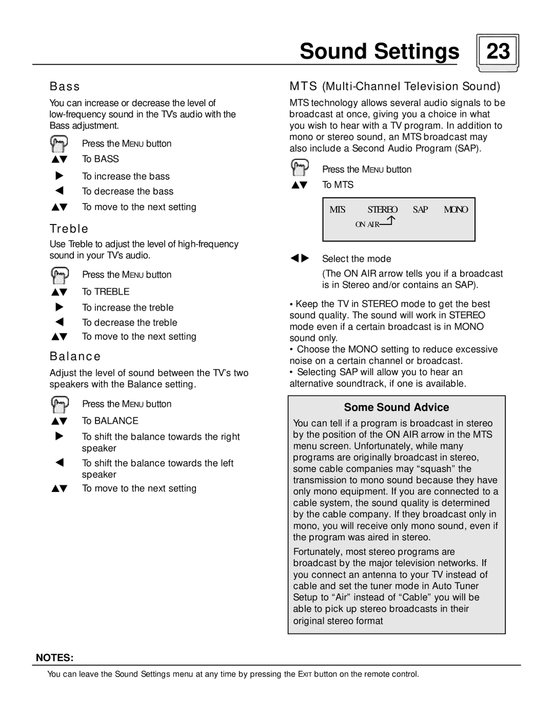 JVC AV-32D501, AV-36D501 manual Sound Settings, Bass, Treble, Balance, MTS Multi-Channel Television Sound 