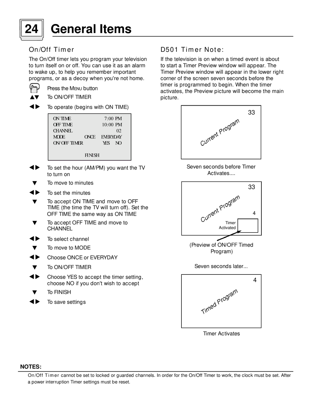 JVC AV-36D501, AV-32D501 manual General Items, On/Off Timer, D501 Timer Note 