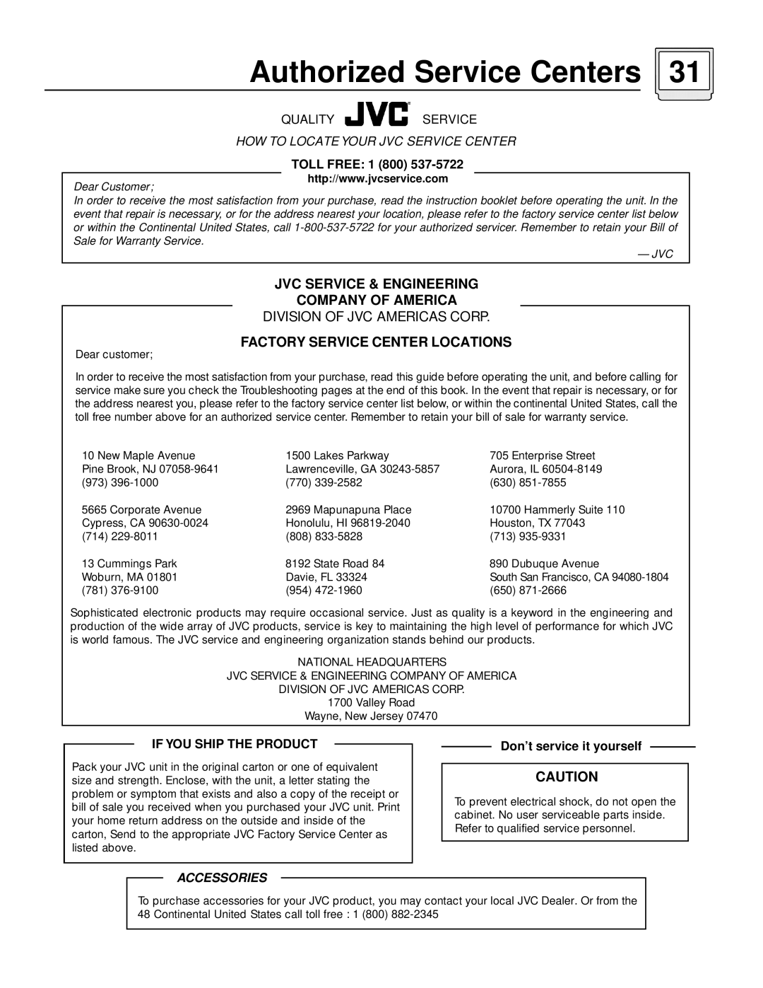 JVC AV-32D501, AV-36D501 manual Authorized Service Centers, Toll Free 1 800 