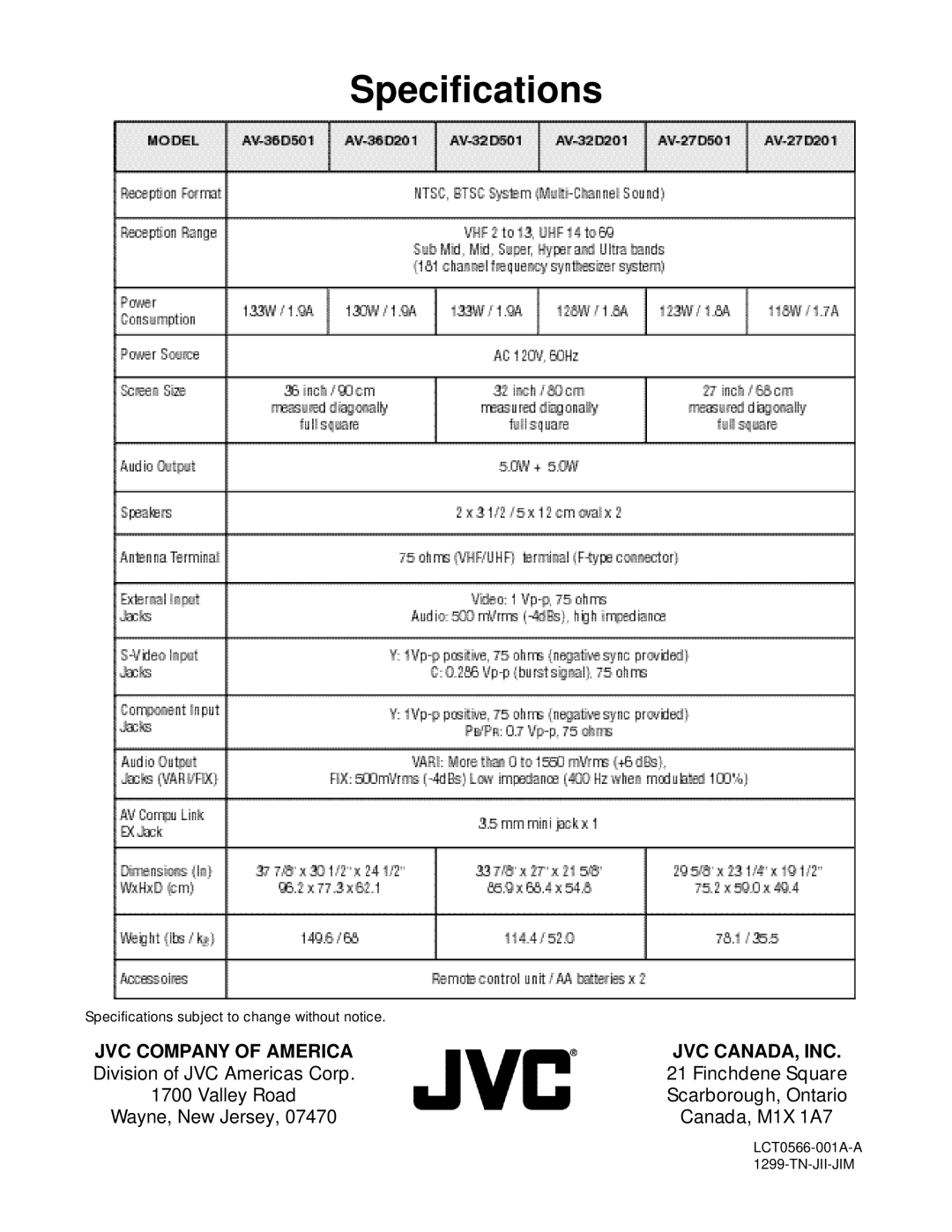 JVC AV-36D501, AV-32D501 manual Specifications, JVC Company of America 