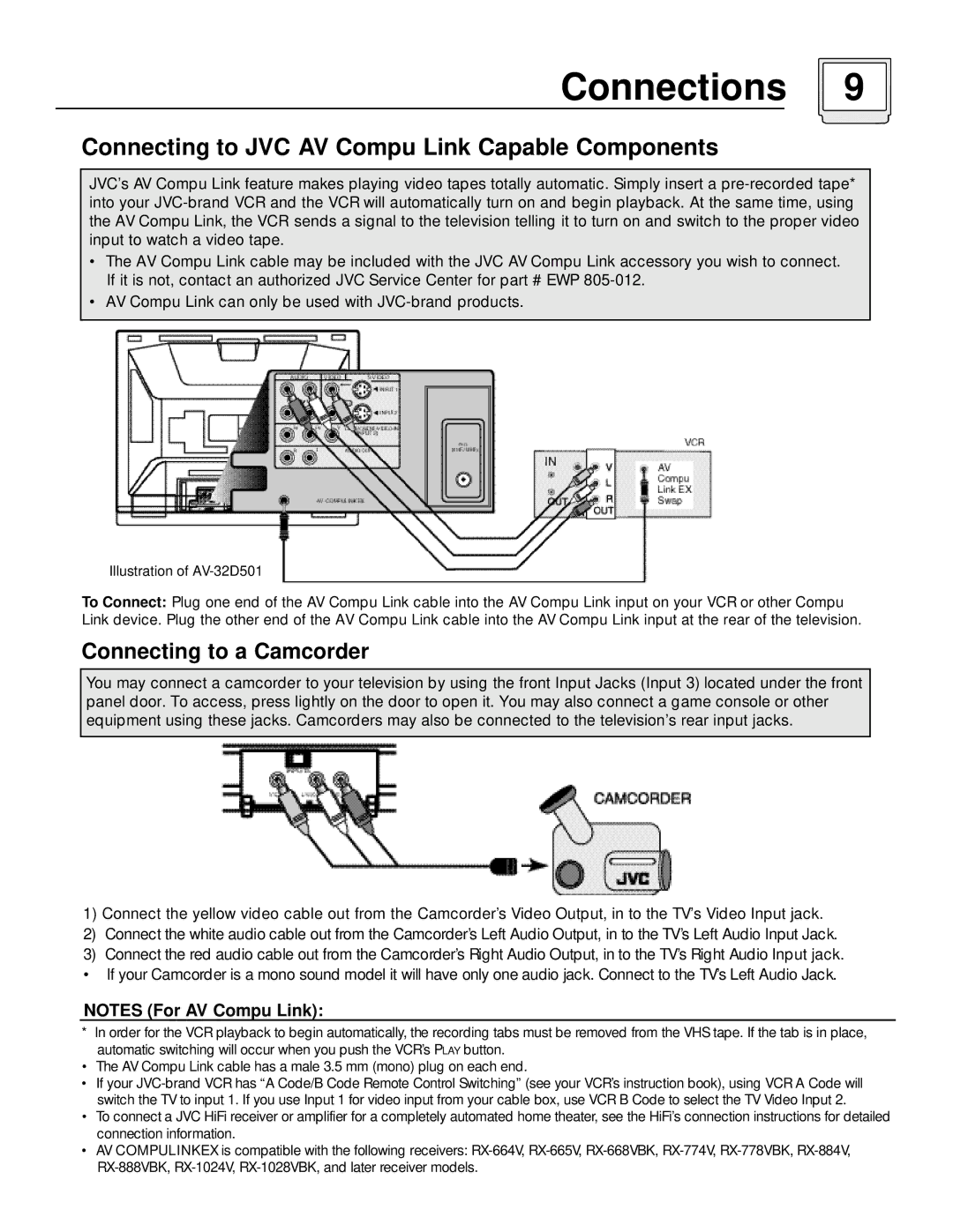 JVC AV-32D501, AV-36D501 manual Connecting to JVC AV Compu Link Capable Components, Connecting to a Camcorder 