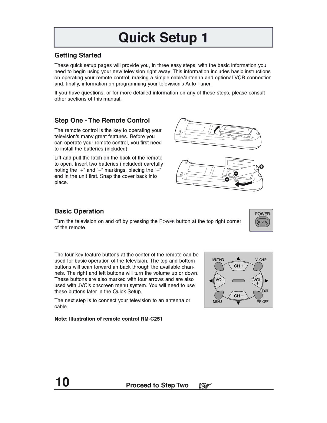 JVC AV 27D503 manual Quick Setup, Getting Started, Step One The Remote Control, Basic Operation, Proceed to Step Two 