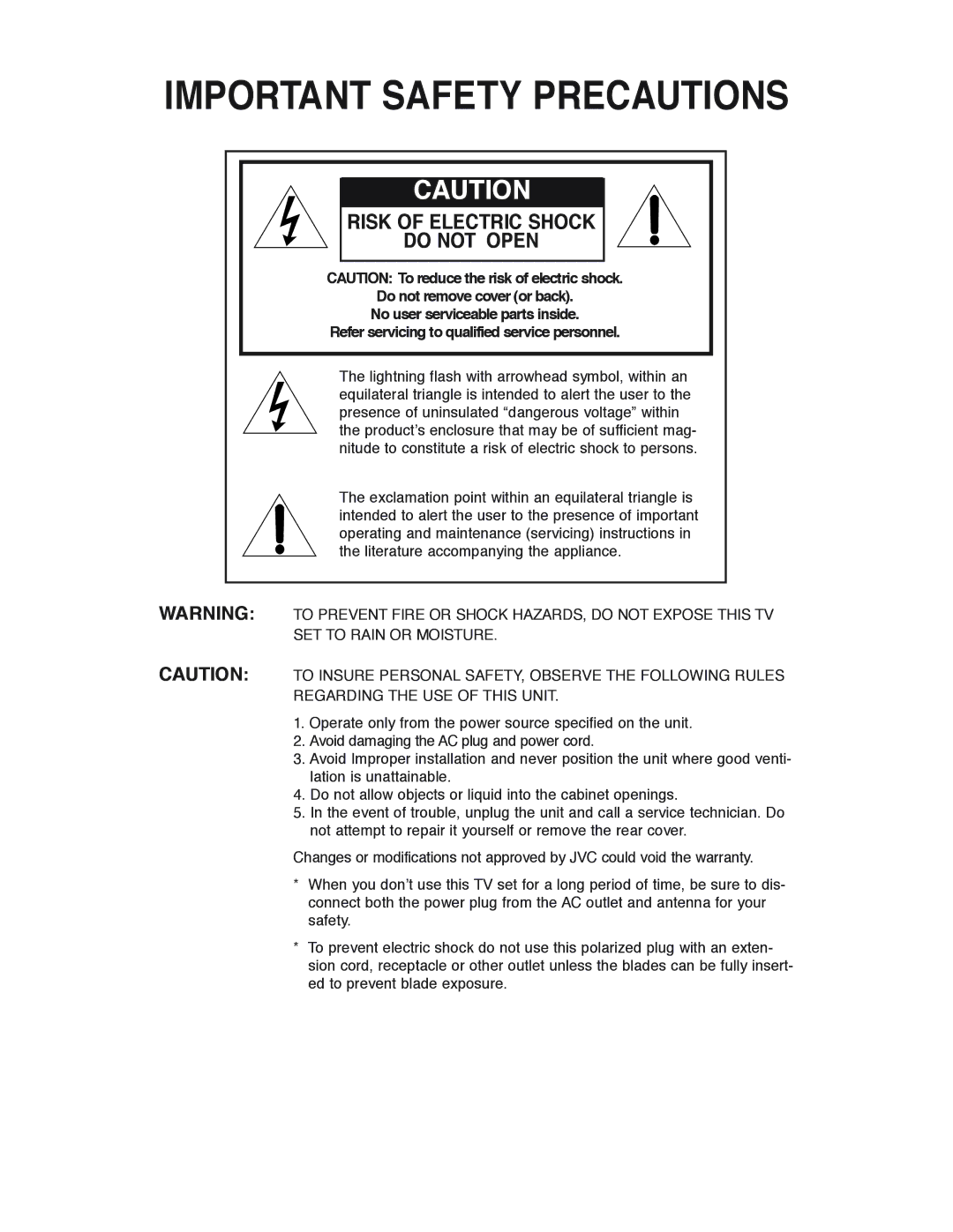 JVC AV 27D503, AV-36D503, AV-36D303, AV-36D203, AV-32D503, AV-32D303, AV-32D203, AV-27D503 Important Safety Precautions 