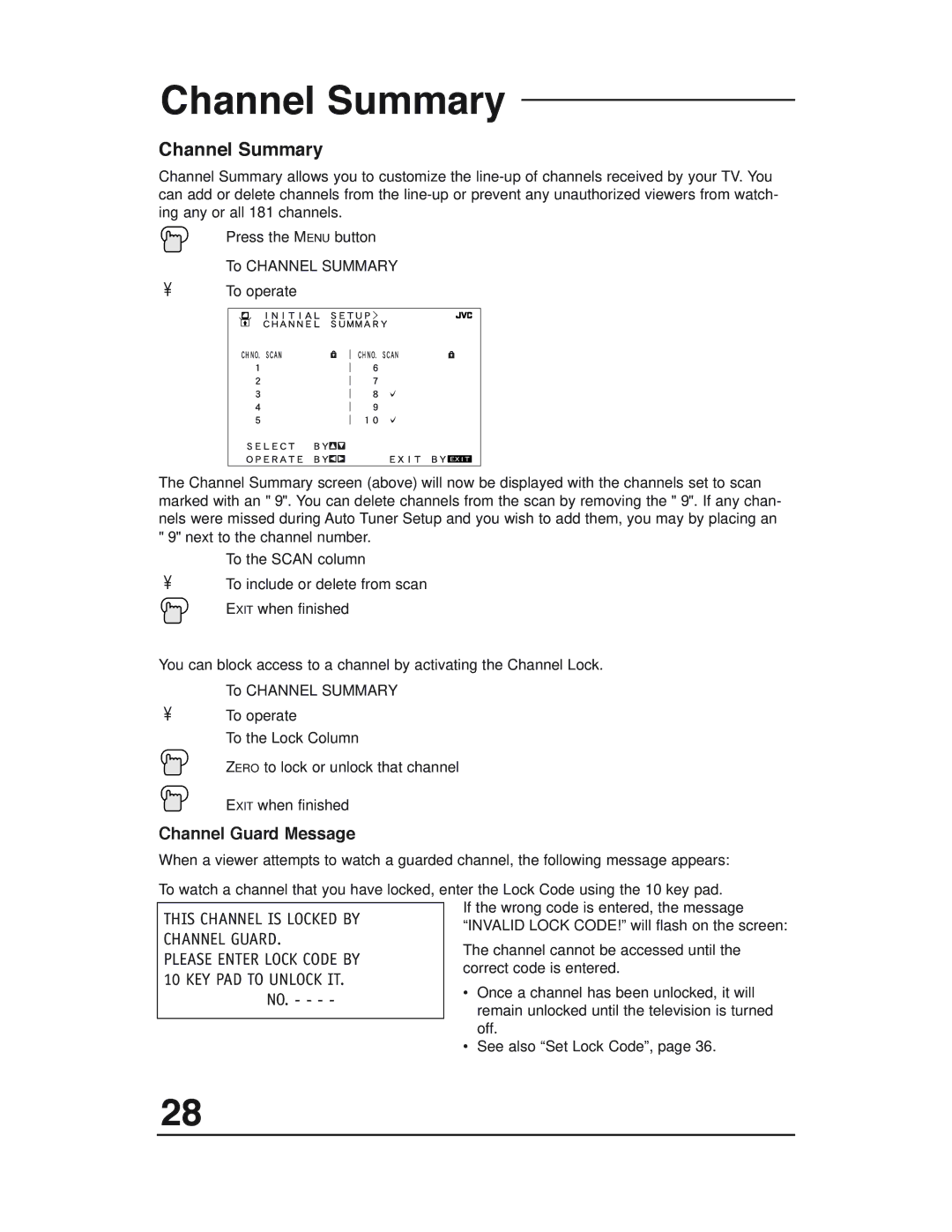 JVC AV 27D503, AV-36D503, AV-36D303, AV-36D203, AV-32D503, AV-32D303, AV-32D203, AV-27D503 manual Channel Summary 