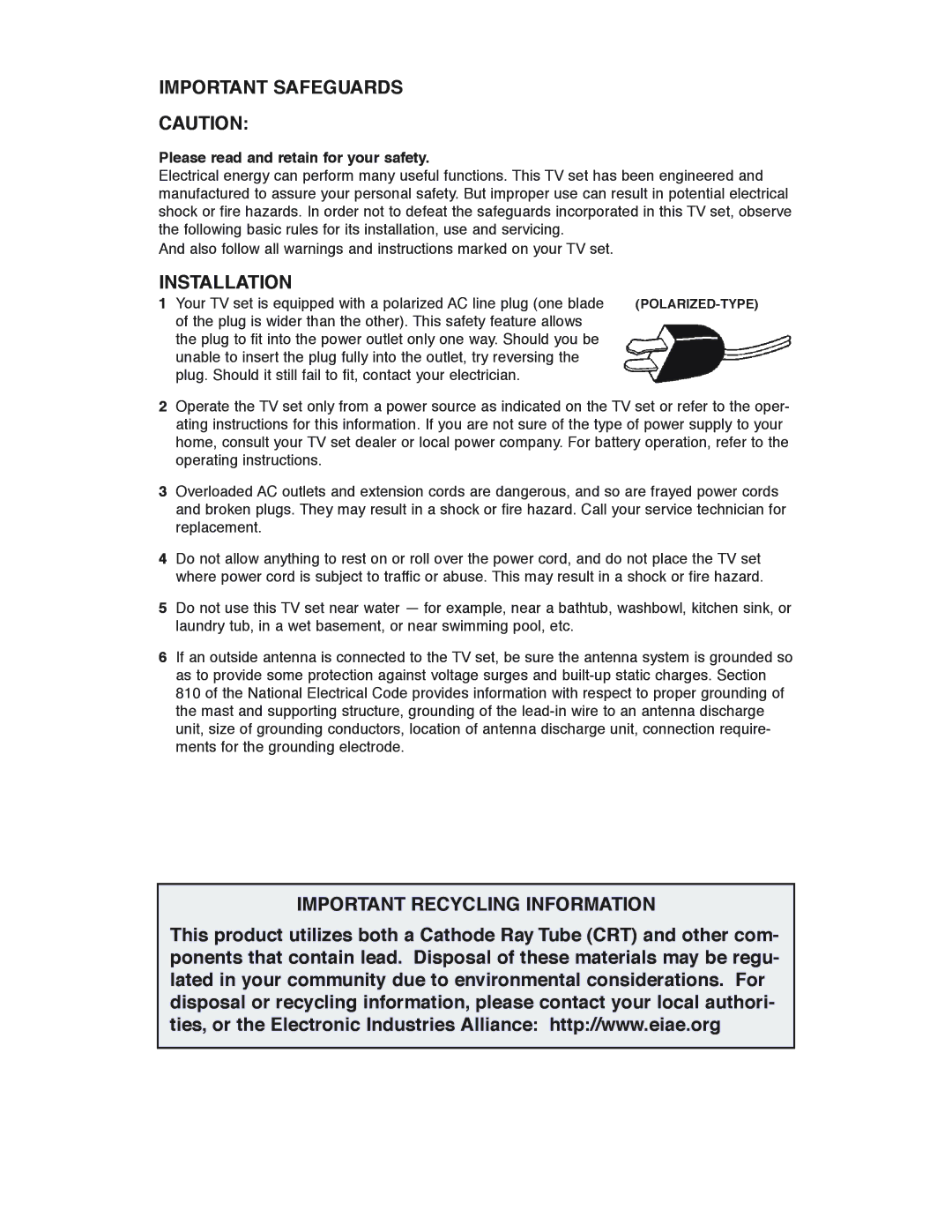 JVC AV-36D503, AV-36D303, AV-36D203, AV-32D503, AV-32D303, AV-32D203, AV-27D503 manual Important Safeguards, Installation 