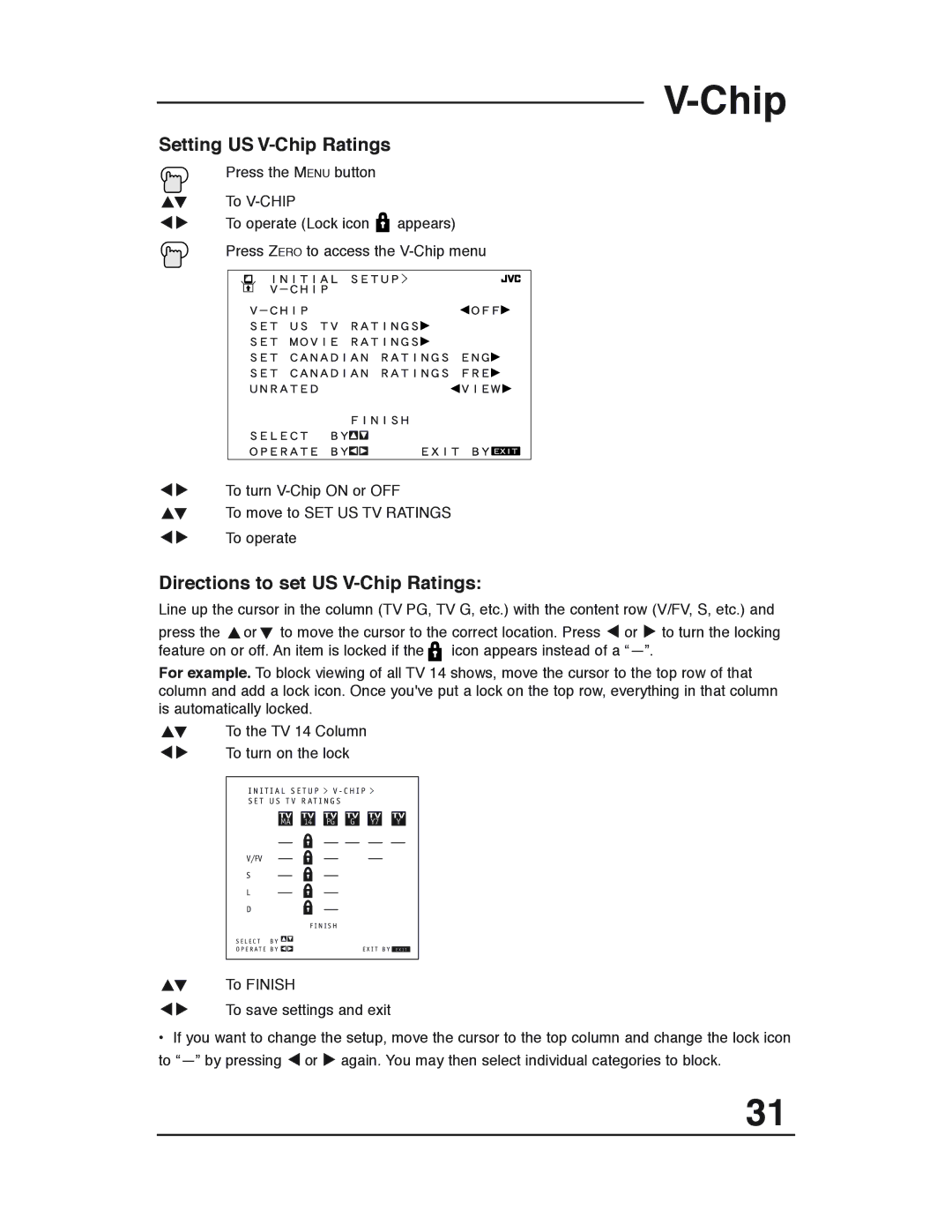 JVC AV-36D503, AV-36D303, AV-36D203, AV-32D503, AV-32D303, AV-32D203, AV-27D503, AV 27D503 manual Setting US V-Chip Ratings 