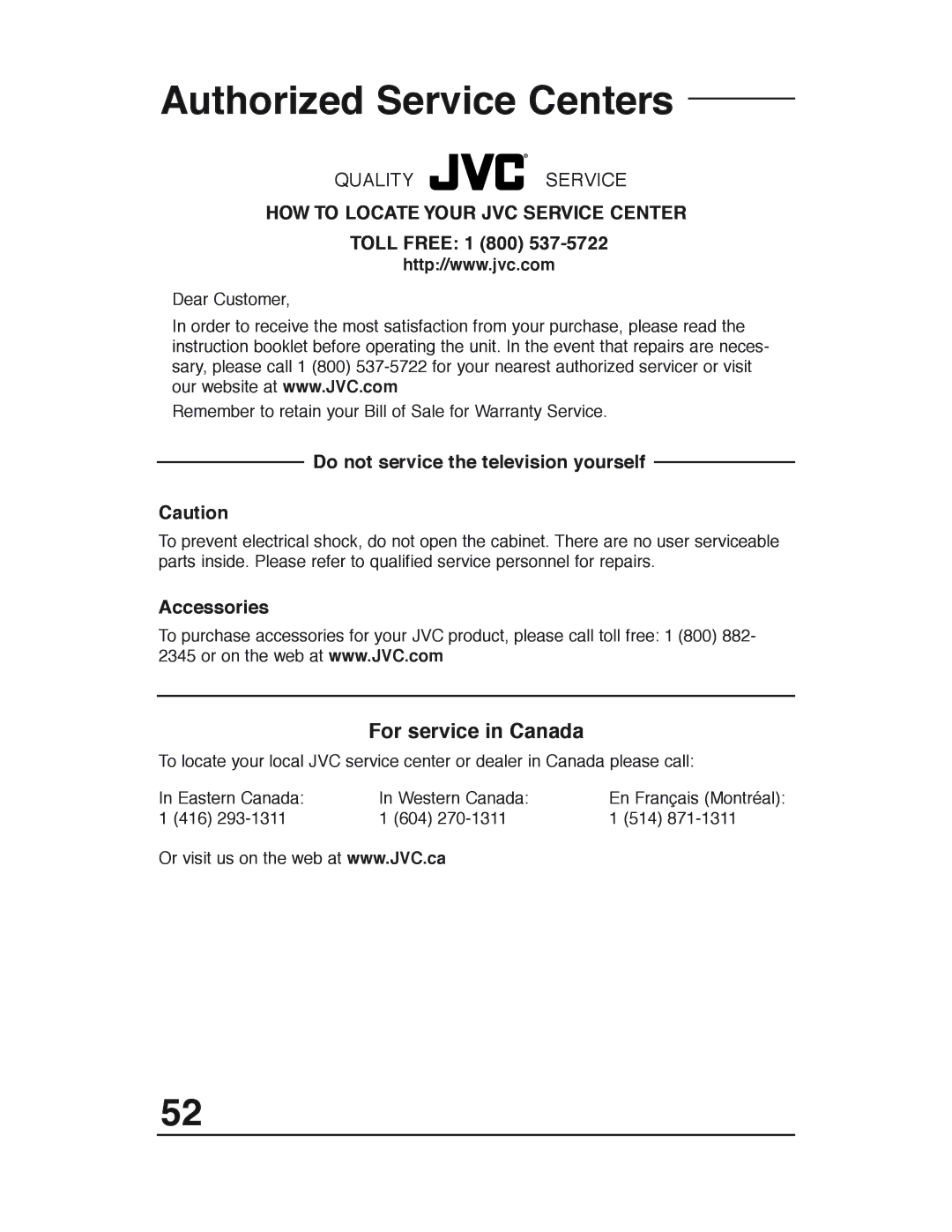 JVC AV 27D503 manual Authorized Service Centers, HOW to Locate Your JVC Service Center, Toll Free 1 800, Accessories 