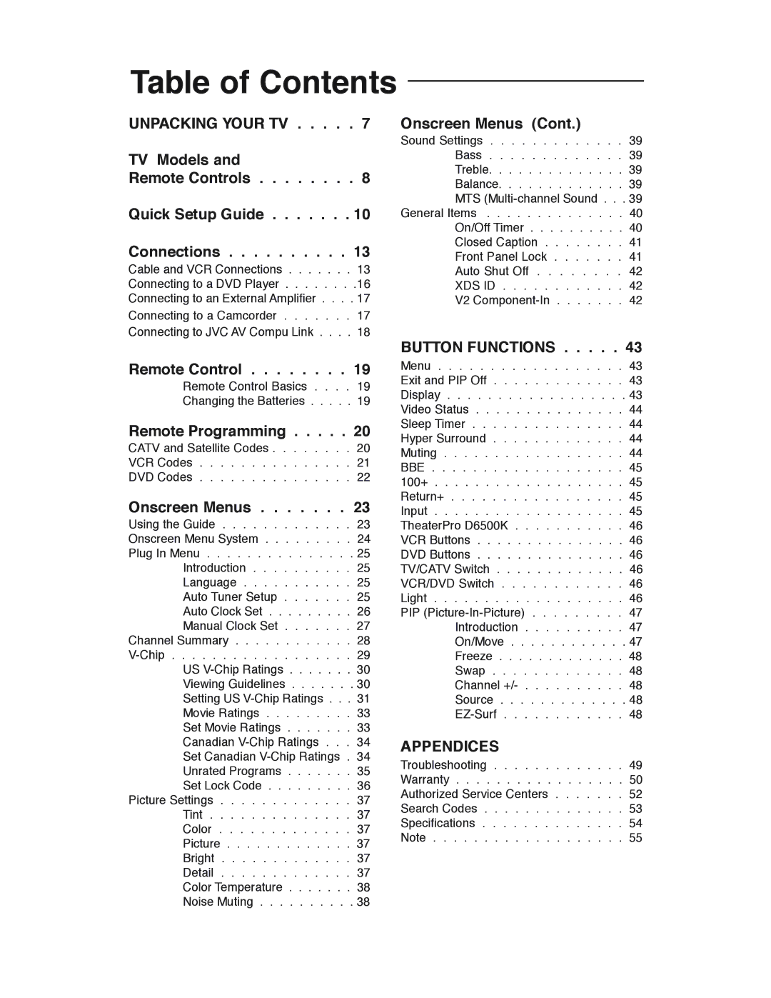 JVC AV 27D503, AV-36D503, AV-36D303, AV-36D203, AV-32D503, AV-32D303, AV-32D203, AV-27D503 manual Table of Contents 