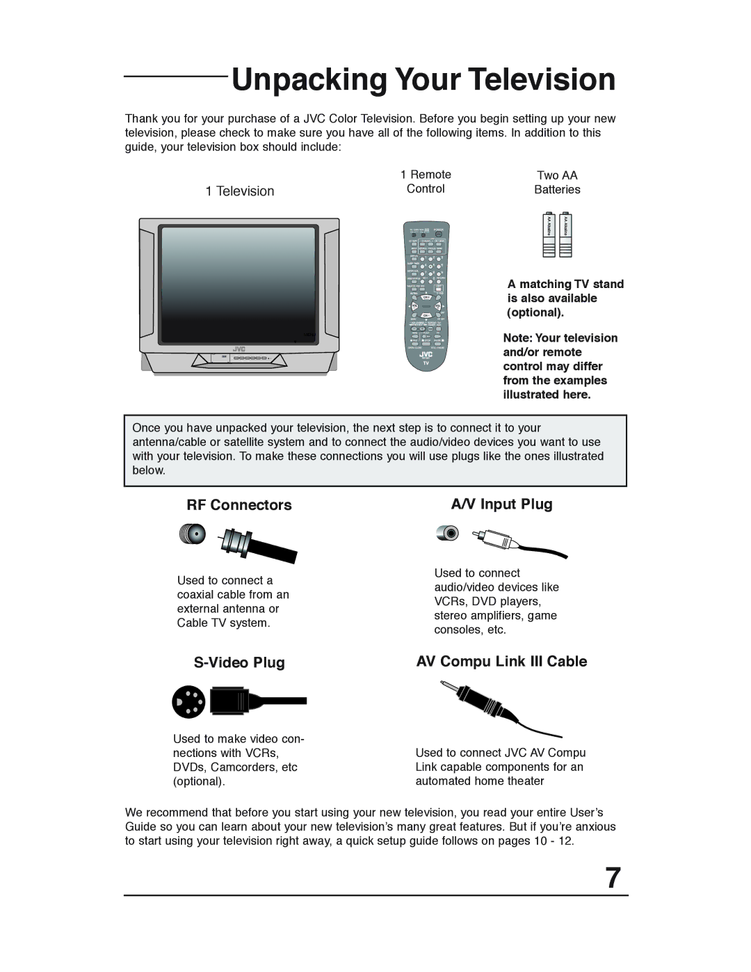 JVC AV-36D503, AV-36D303, AV-36D203, AV-32D503, AV-32D303, AV-32D203, AV-27D503, AV 27D503 manual Unpacking Your Television 