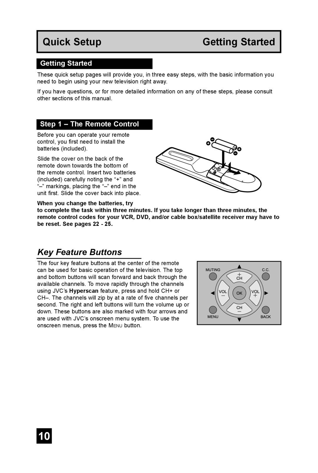 JVC AV 36DF74, AV 32DF74 manual Key Feature Buttons, Getting Started, Remote Control 