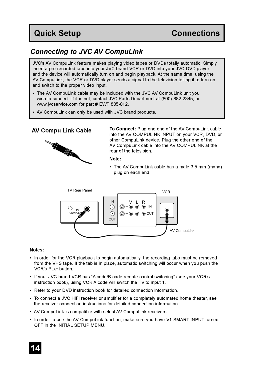 JVC AV 36DF74, AV 32DF74 manual Connecting to JVC AV CompuLink, AV Compu Link Cable 