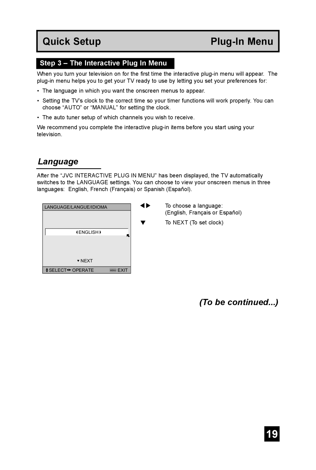 JVC AV 32DF74, AV 36DF74 manual Language, To be, Interactive Plug In Menu 