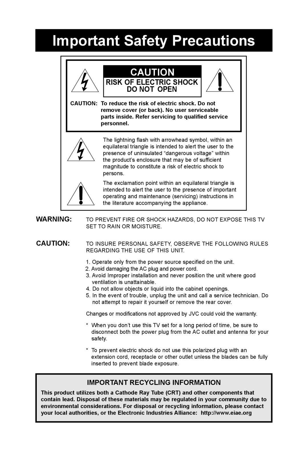 JVC AV 36DF74, AV 32DF74 manual Important Safety Precautions, Risk of Electric Shock Do not Open 