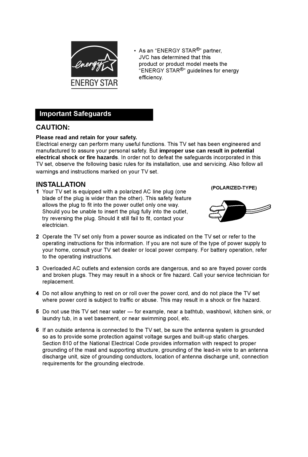 JVC AV 32DF74, AV 36DF74 manual Important Safeguards, Please read and retain for your safety 