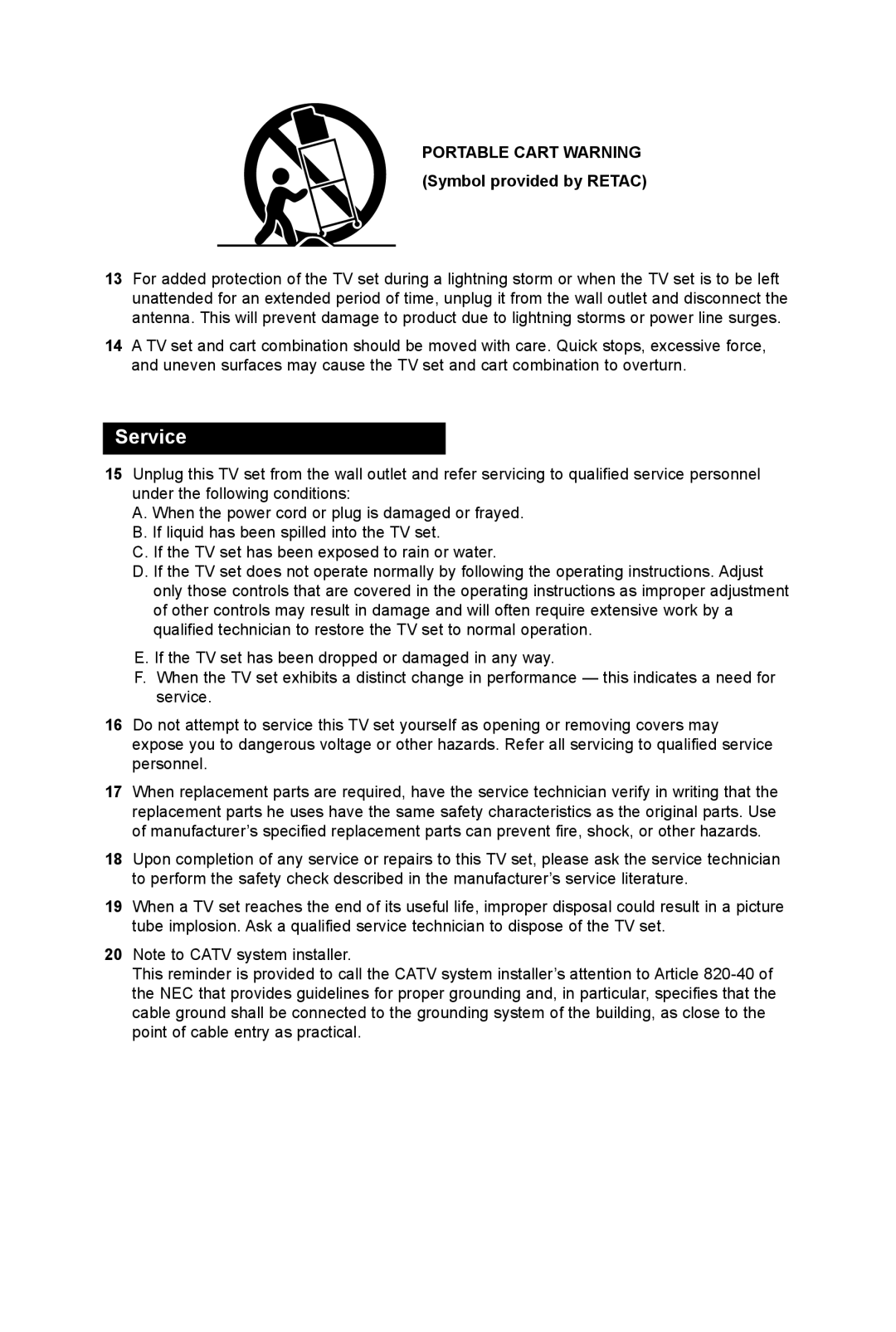 JVC AV 32DF74, AV 36DF74 manual Service, Portable Cart Warning Symbol provided by Retac 