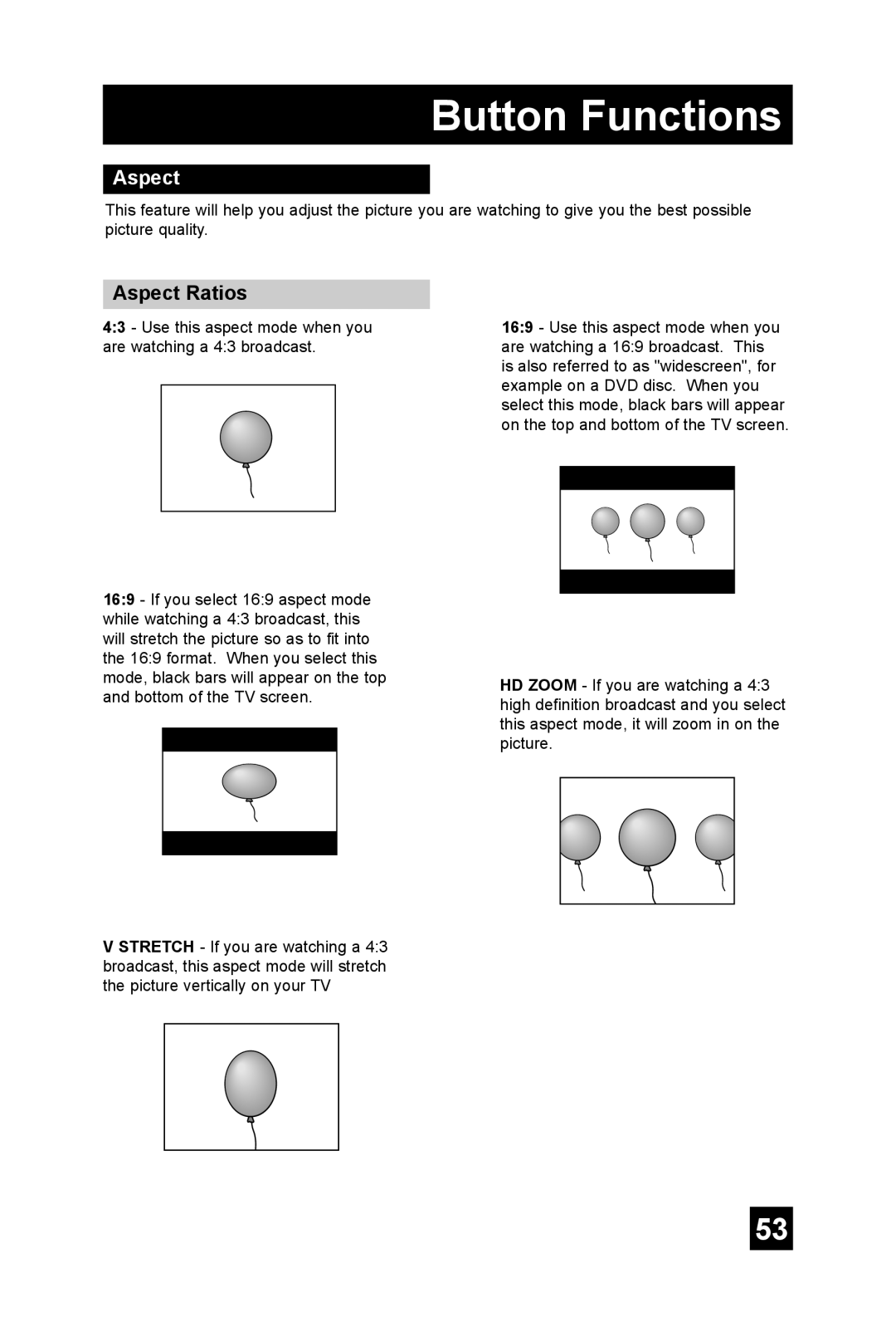 JVC AV 32DF74, AV 36DF74 manual Aspect Ratios 