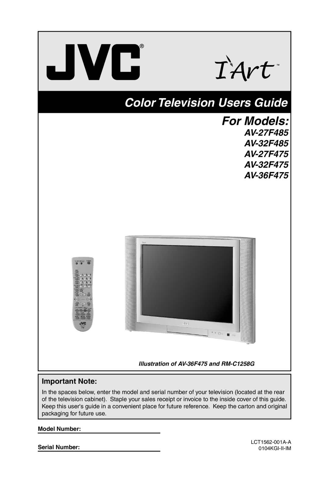 JVC AV 32F475 manual AV-27F485 AV-32F485 AV-27F475 AV-32F475 AV-36F475, Important Note, Model Number Serial Number 