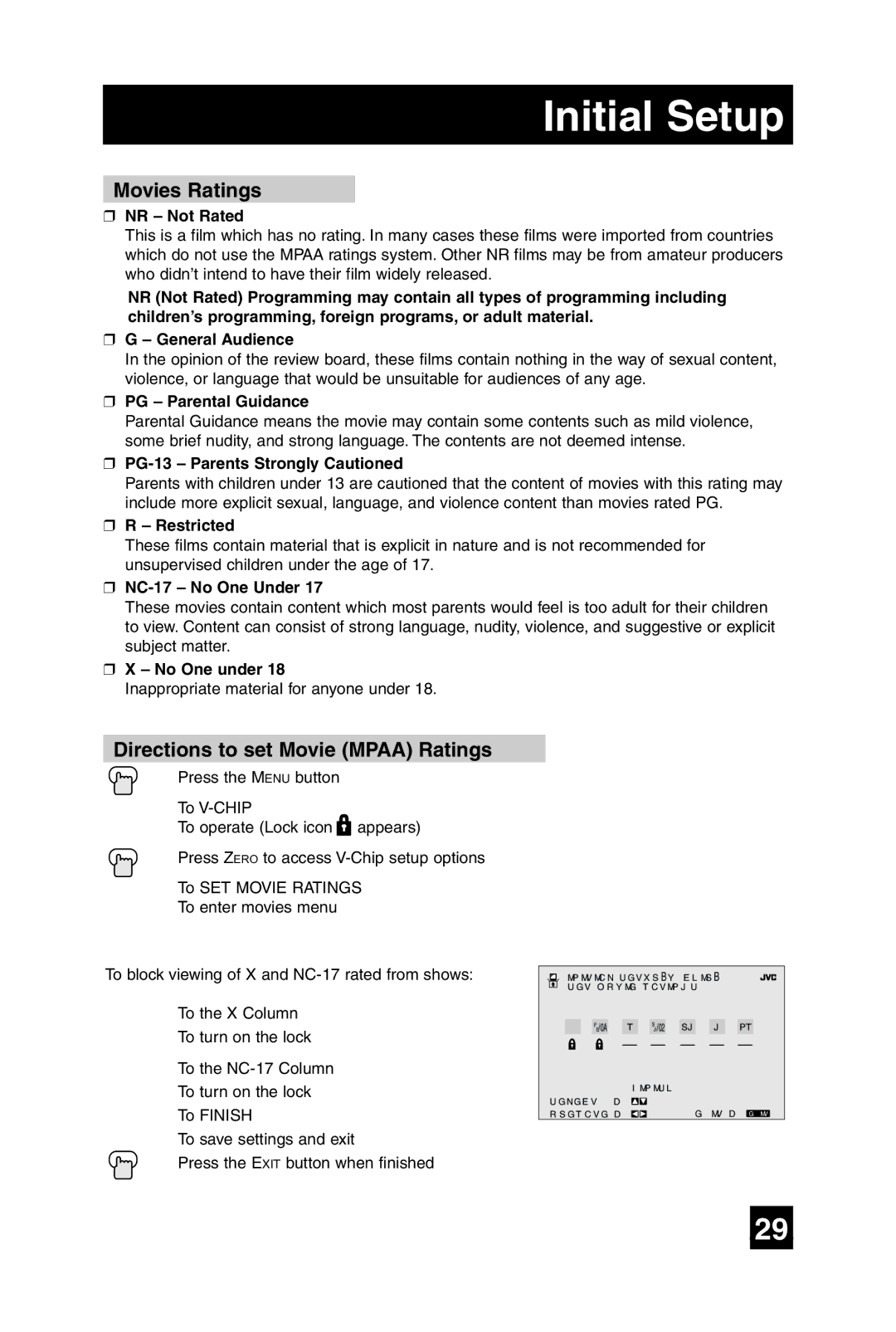 JVC AV 32F475, AV 36F475, AV 32F485, AV 27F475 manual Movies Ratings, Directions to set Movie Mpaa Ratings 