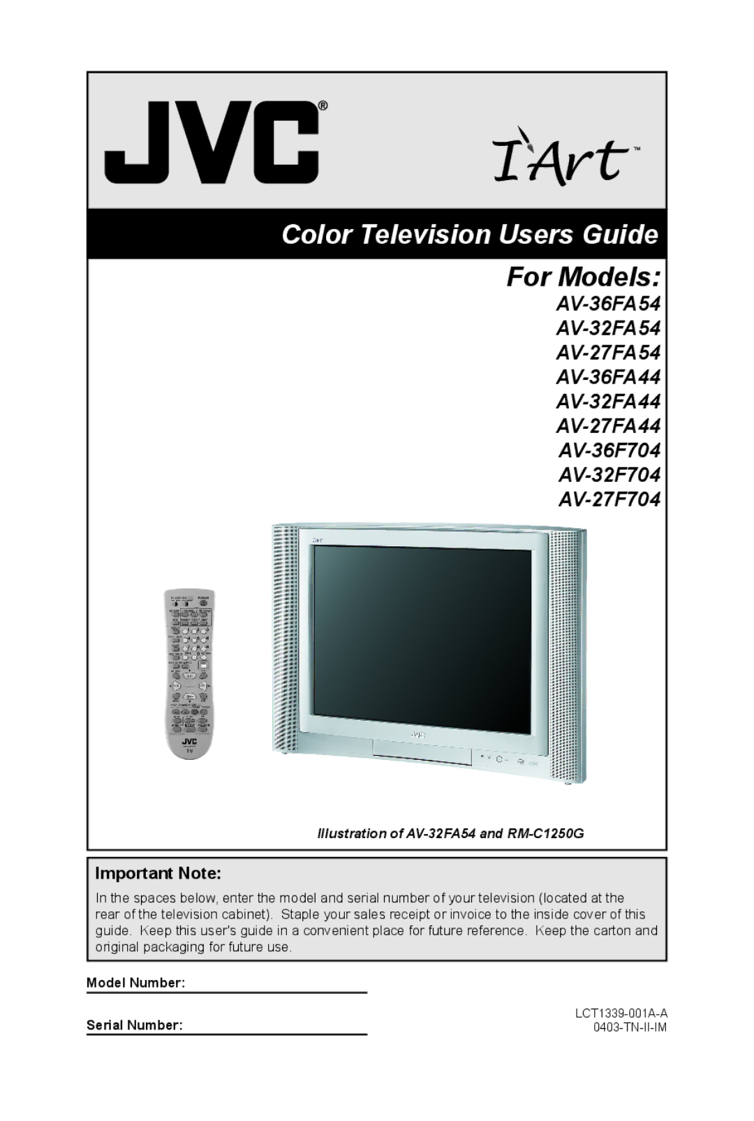 JVC AV-36FA54, AV-36FA44, AV-27FA54, AV-27FA44, AV-32FA54, AV-36F704 manual Important Note, Model Number Serial Number 