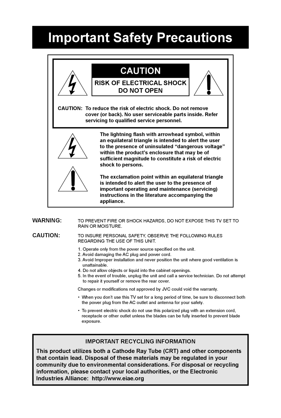 JVC AV-27FA54, AV-36FA44, AV-36FA54, AV-27FA44, AV-32FA54 Important Safety Precautions, Risk of Electrical Shock Do not Open 