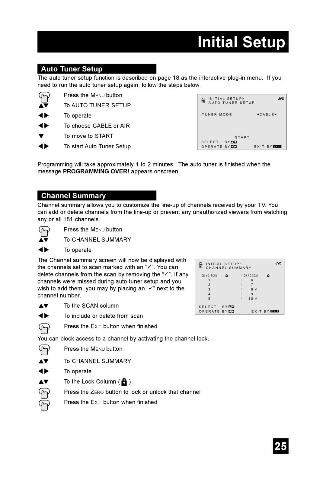 JVC AV 32F704, AV-36FA44, AV-36FA54, AV-27FA54, AV-27FA44, AV-32FA54 manual Initial Setup, Auto Tuner Setup, Channel Summary 