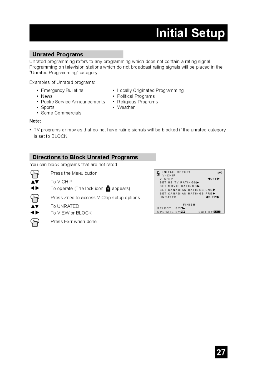 JVC AV-36FA44, AV-36FA54, AV-27FA54, AV-27FA44, AV-32FA54, AV-36F704, AV 32FA44 manual Directions to Block Unrated Programs 