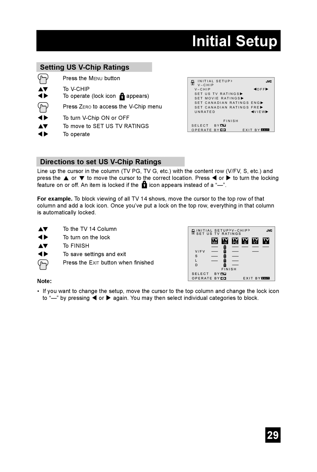 JVC AV-27FA54, AV-36FA44, AV-36FA54, AV-27FA44, AV-32FA54 manual Setting US V-Chip Ratings, Directions to set US V-Chip Ratings 