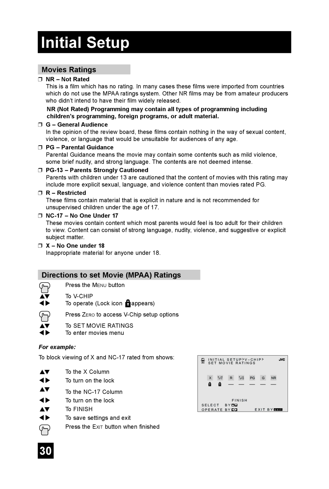 JVC AV-27FA44, AV-36FA44, AV-36FA54, AV-27FA54, AV-32FA54, AV-36F704 manual Movies Ratings, Directions to set Movie Mpaa Ratings 