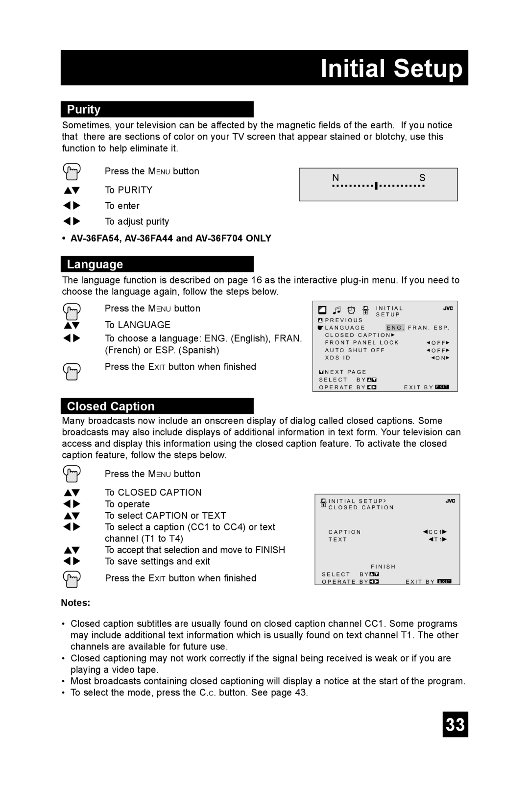 JVC AV 32FA44, AV-27FA54, AV-27FA44, AV-32FA54 Purity, Language, Closed Caption, AV-36FA54, AV-36FA44 and AV-36F704 only 