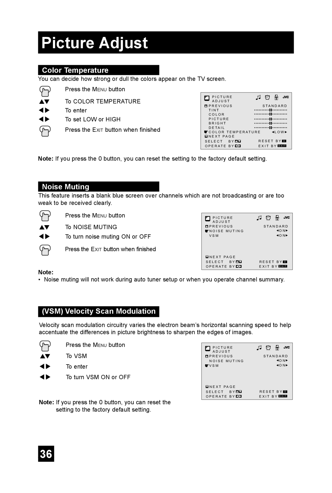 JVC AV-36FA44, AV-36FA54, AV-27FA54, AV-27FA44, AV-32FA54 manual Color Temperature, Noise Muting, VSM Velocity Scan Modulation 