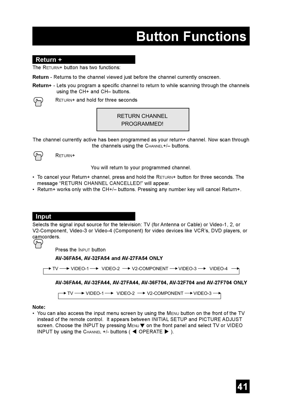 JVC AV-36F704, AV-36FA44, AV-36FA54, AV-27FA54, AV-27FA44, AV-32FA54, AV 32FA44, AV 32F704, AV 27F704 manual Return +, Input 