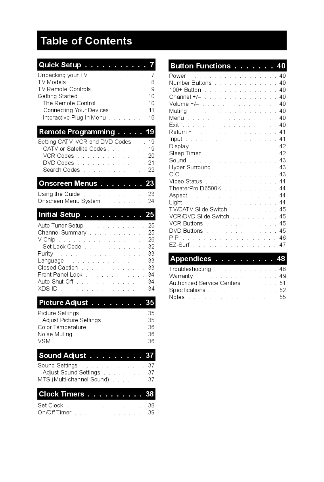 JVC AV 32FA44, AV-36FA44, AV-36FA54, AV-27FA54, AV-27FA44, AV-32FA54, AV-36F704, AV 32F704, AV 27F704 manual Table of Contents 