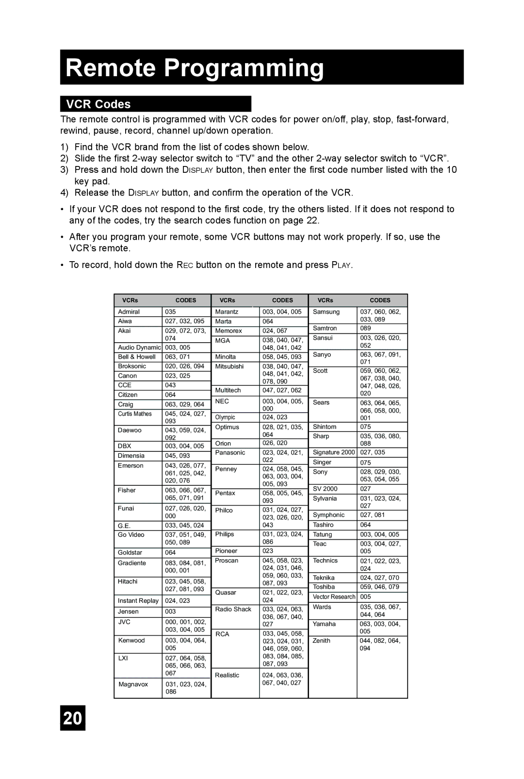 JVC AV 36FA54 manual VCR Codes 