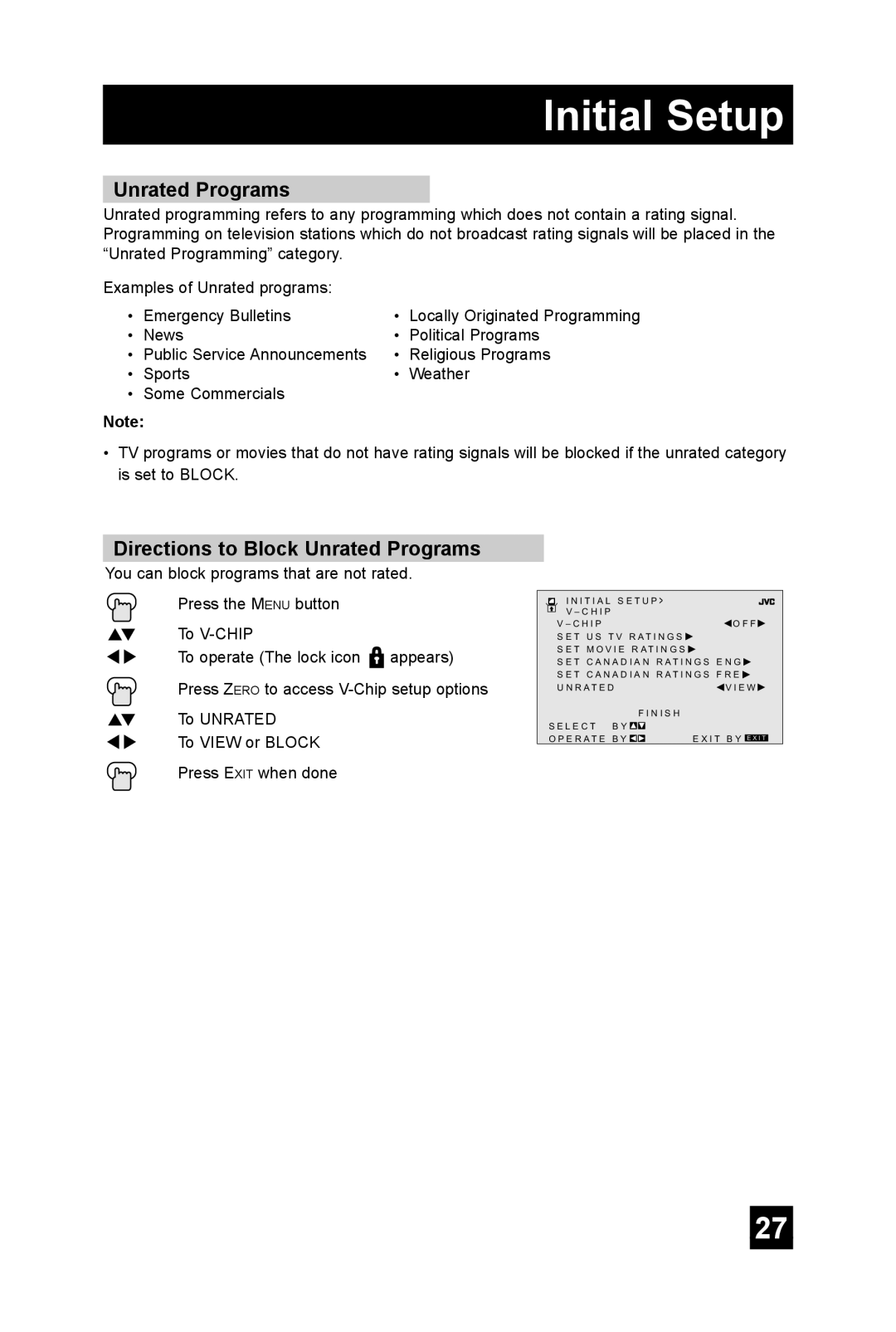 JVC AV 36FA54 manual Directions to Block Unrated Programs 