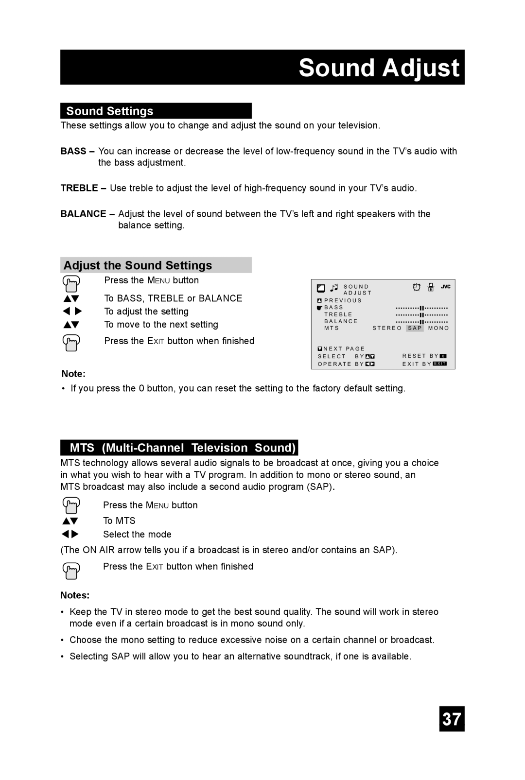 JVC AV 36FA54 manual Sound Adjust, Adjust the Sound Settings, MTS Multi-Channel Television Sound 