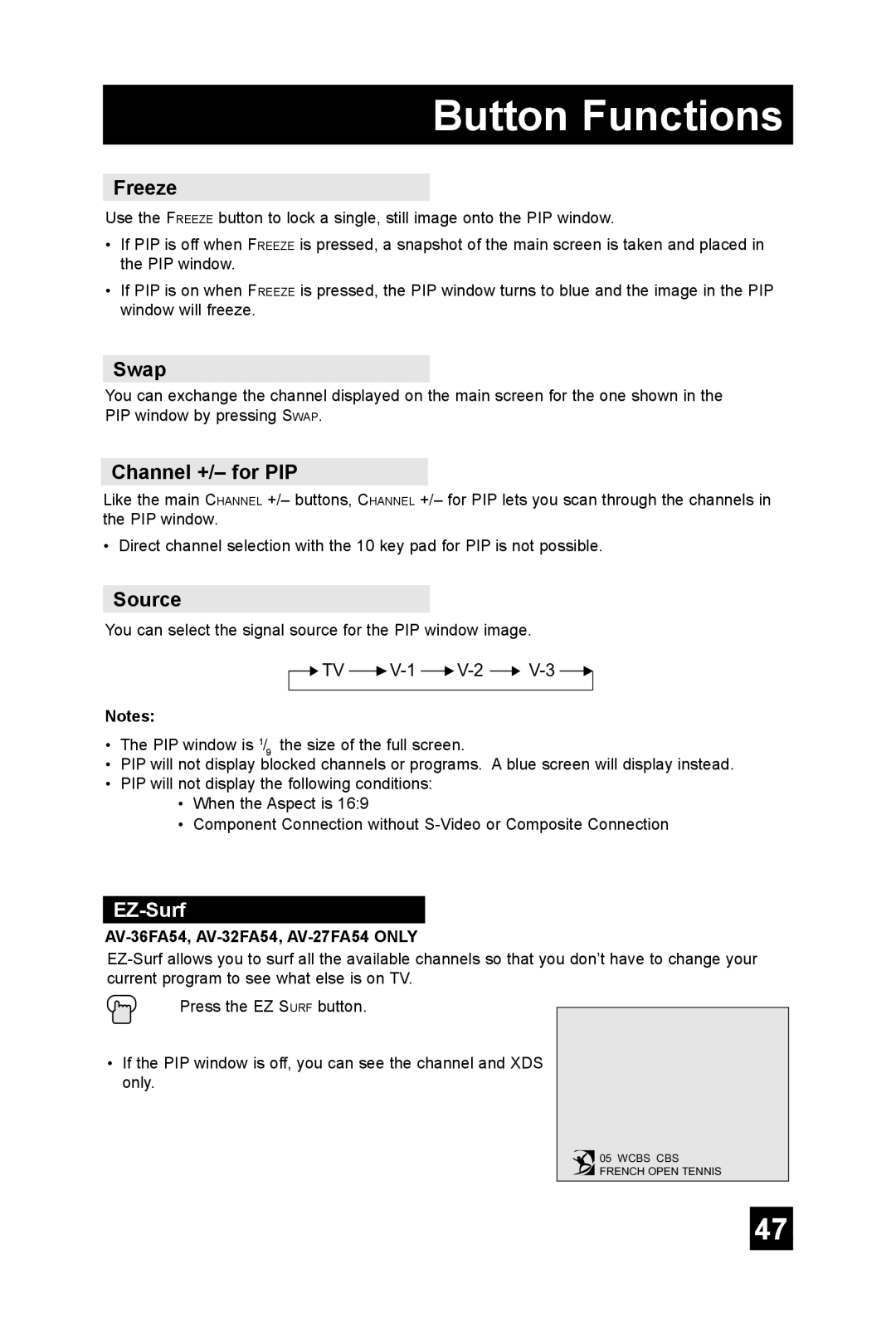 JVC AV 36FA54 manual Freeze, Swap, Channel +/- for PIP, Source, EZ-Surf 
