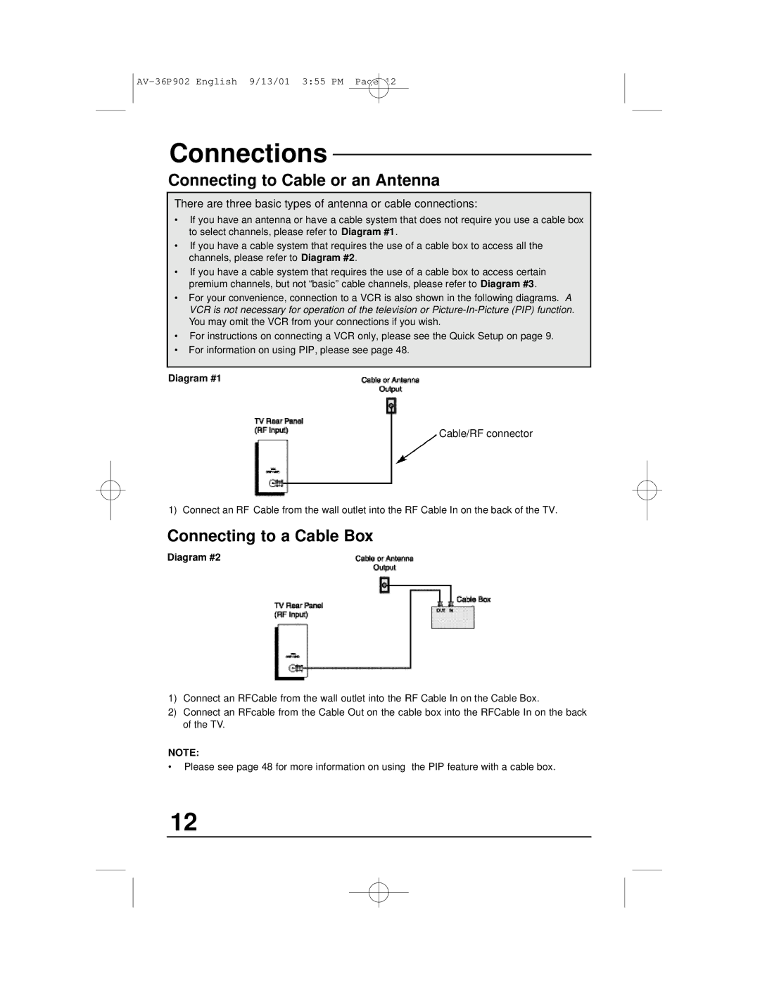 JVC AV-36P902 manual Connections, Connecting to Cable or an Antenna, Connecting to a Cable Box 