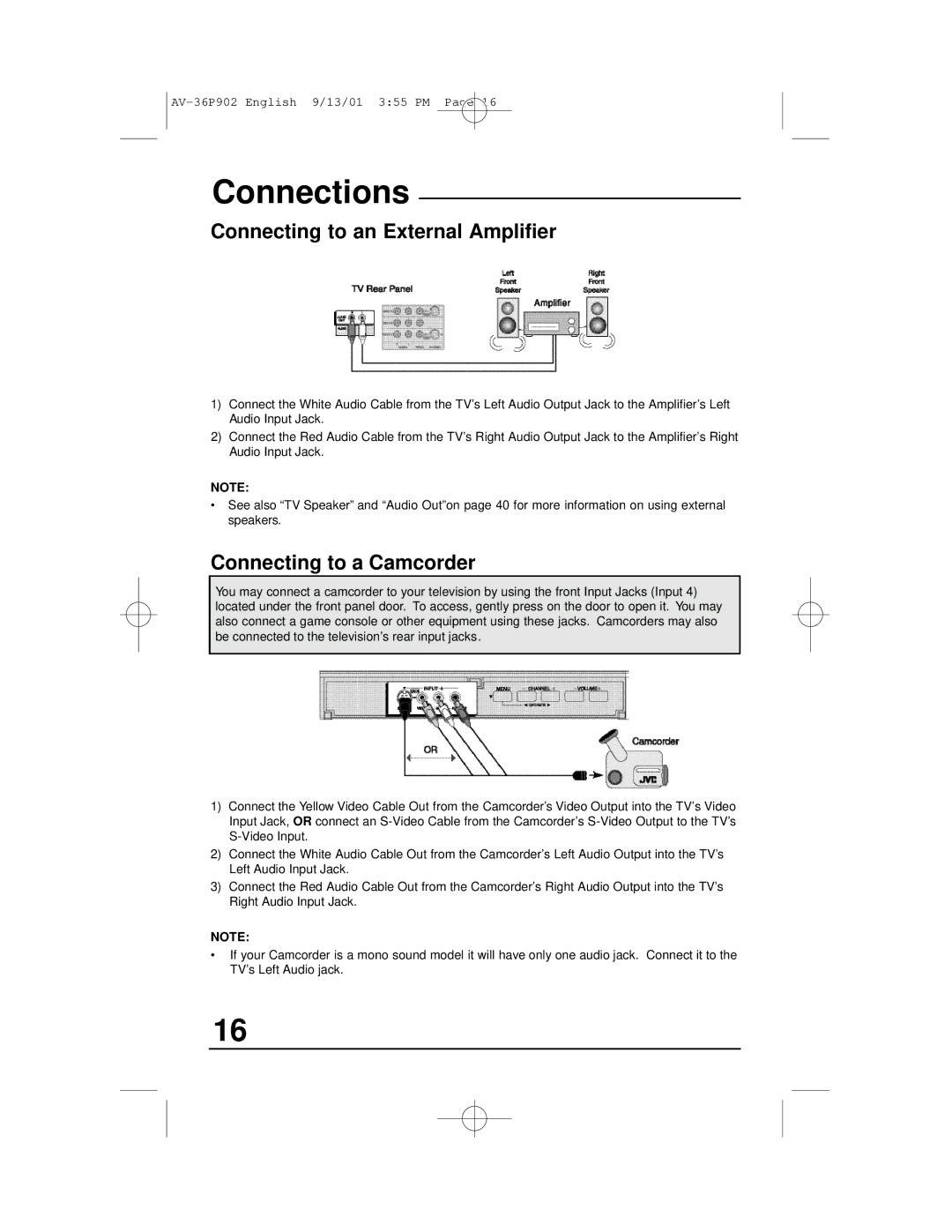 JVC AV-36P902 manual Connecting to an External Amplifier, Connecting to a Camcorder 