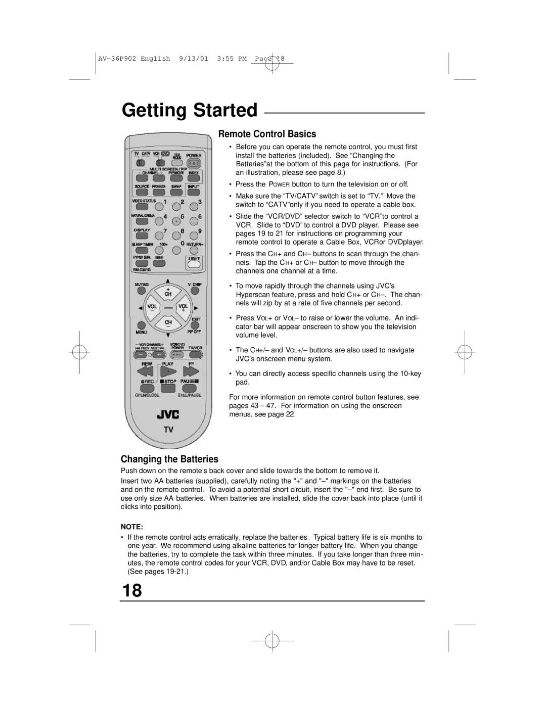 JVC AV-36P902 manual Getting Started, Remote Control Basics 