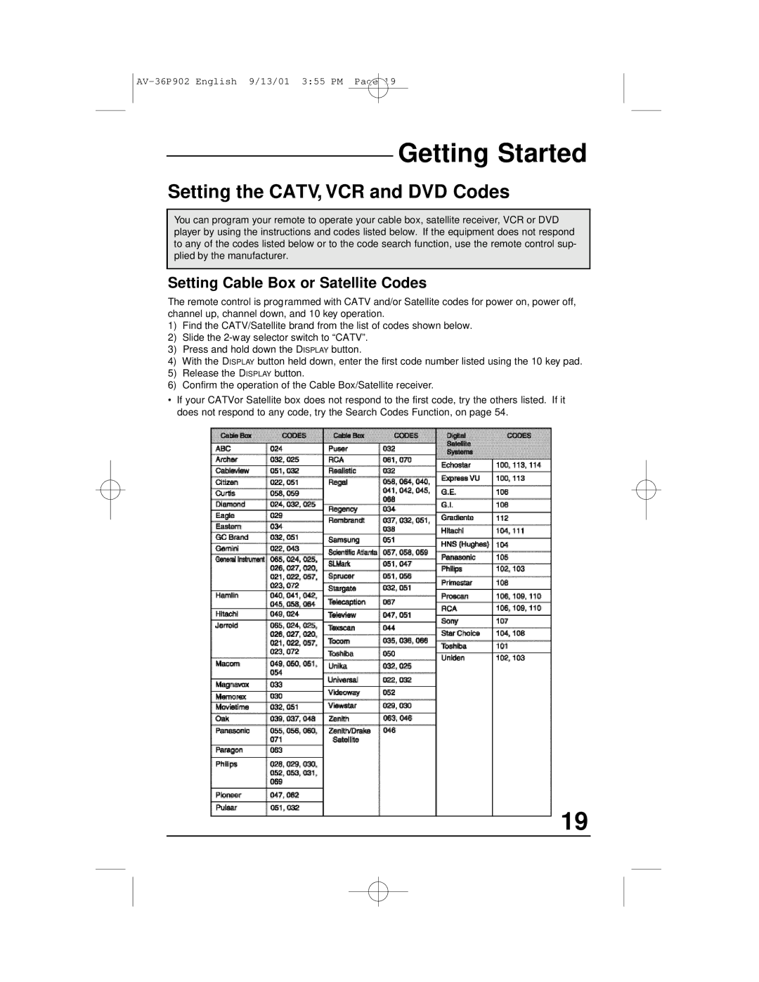 JVC AV-36P902 manual Setting the CATV, VCR and DVD Codes, Setting Cable Box or Satellite Codes 