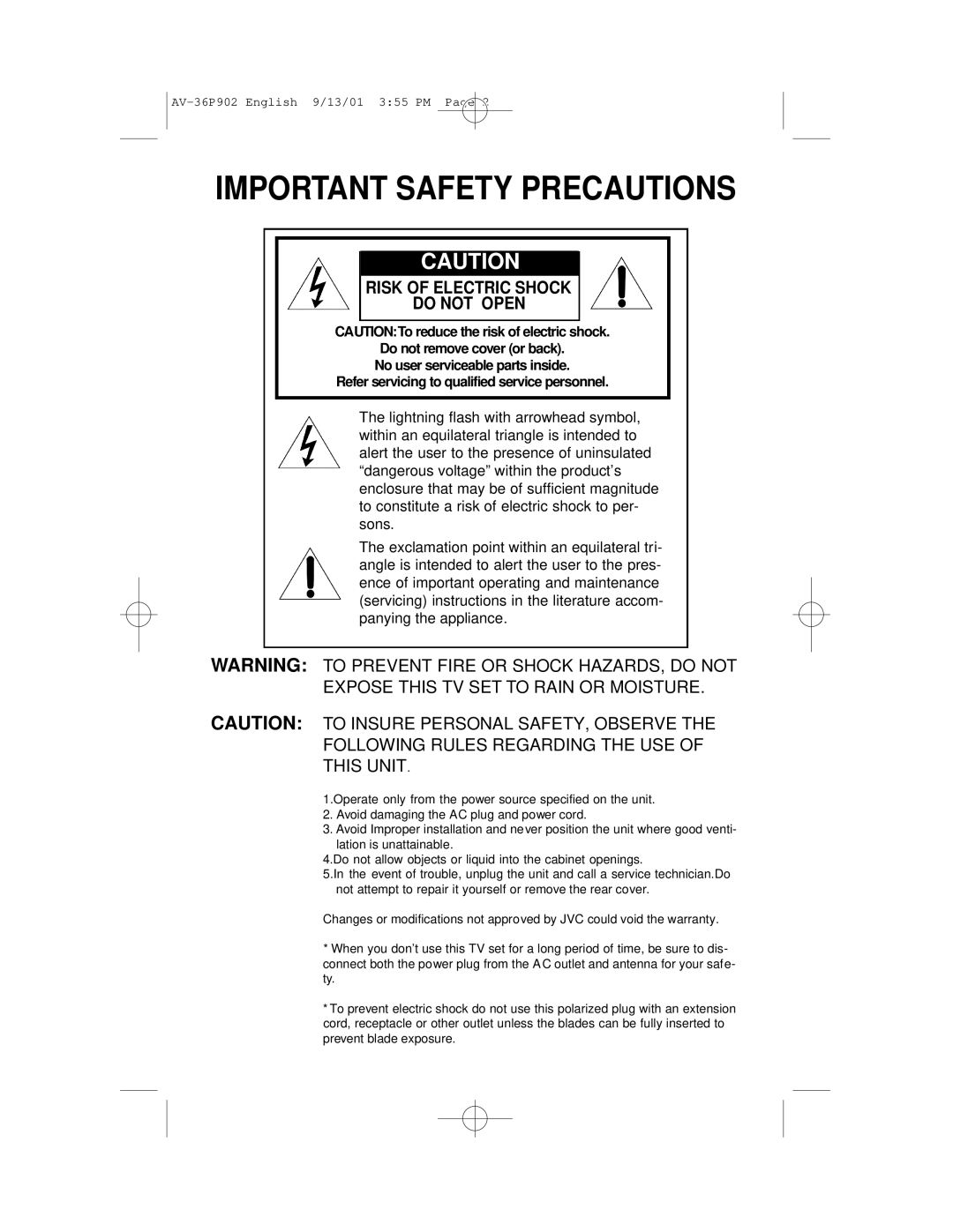 JVC AV-36P902 manual Important Safety Precautions 