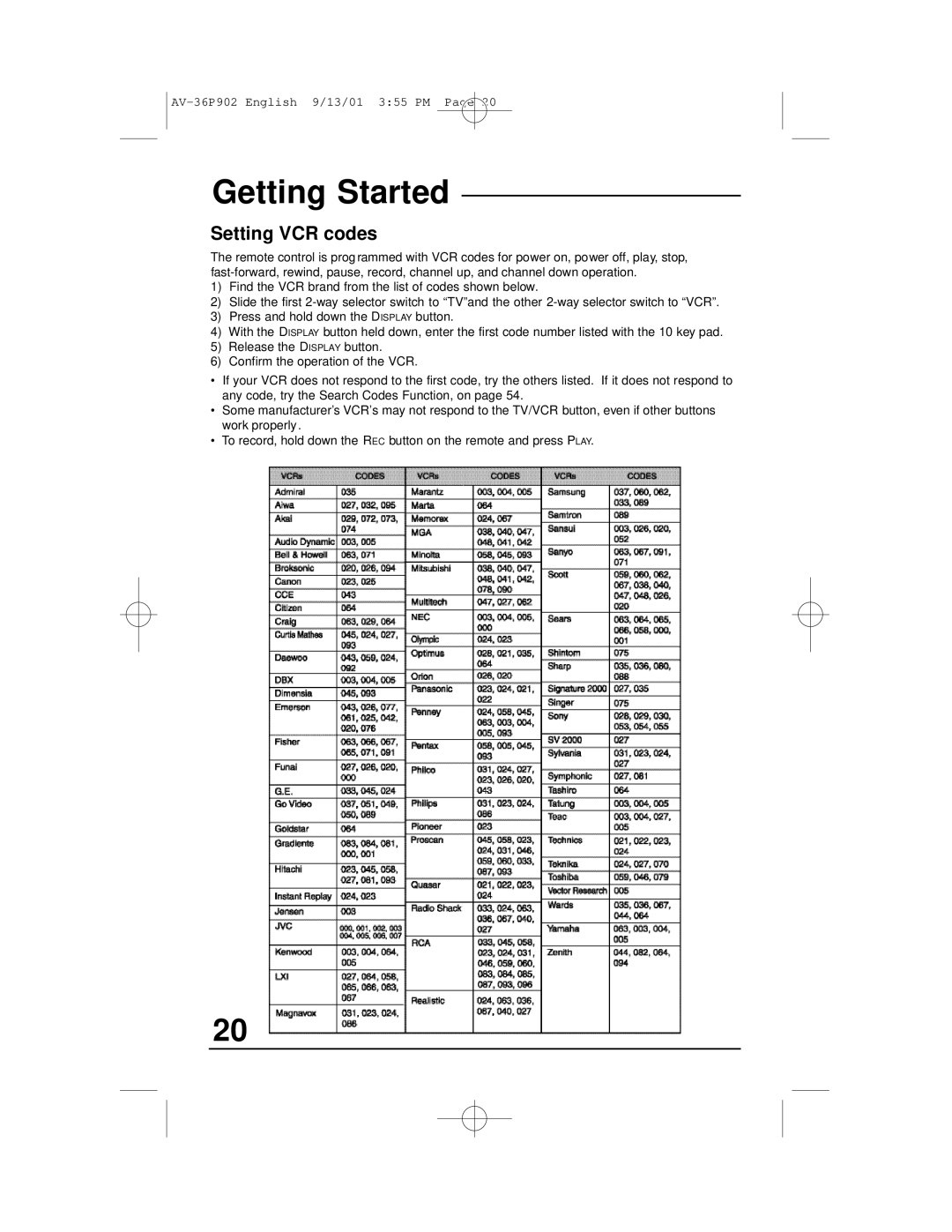 JVC AV-36P902 manual Setting VCR codes 