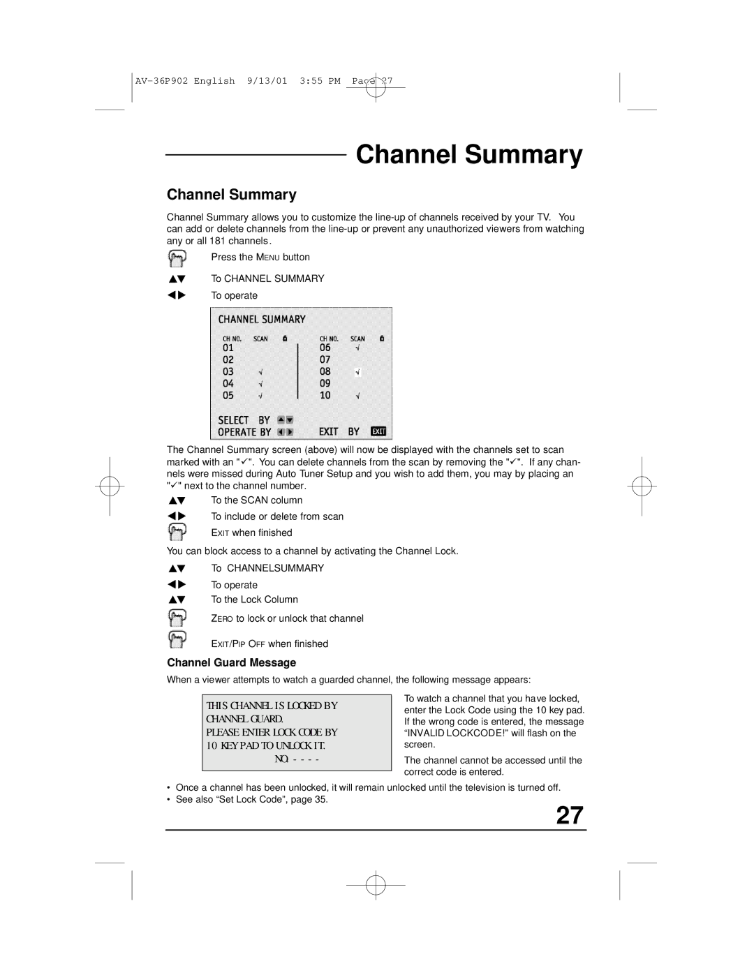 JVC AV-36P902 manual Channel Summary 