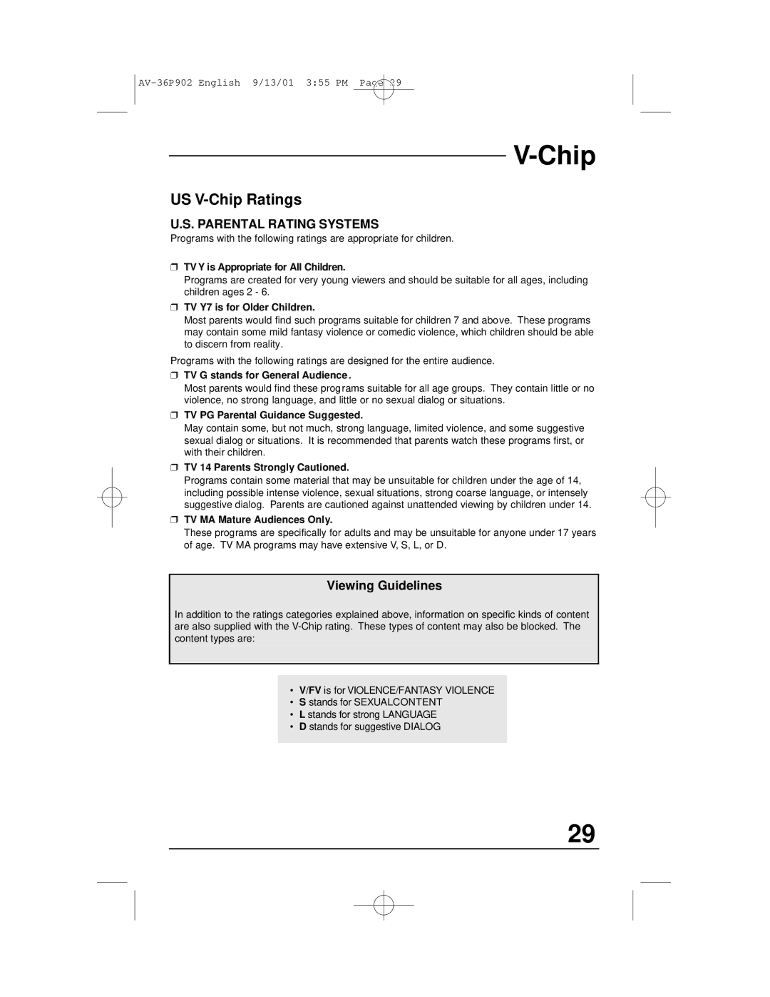 JVC AV-36P902 manual US V-Chip Ratings, Viewing Guidelines 