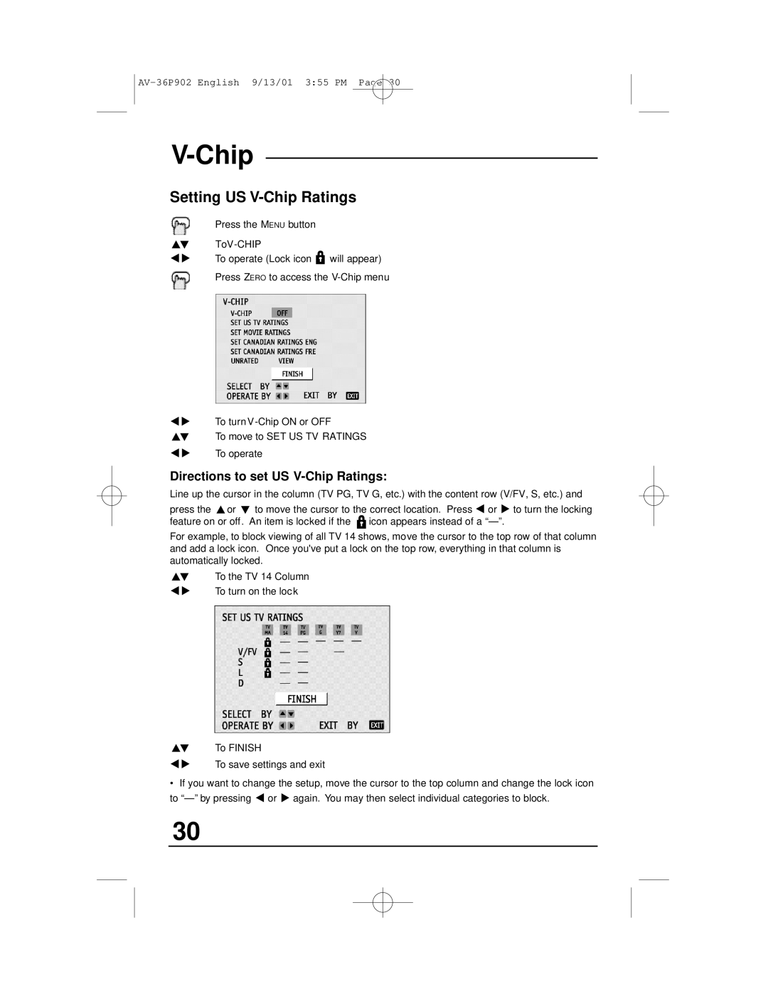 JVC AV-36P902 manual Setting US V-Chip Ratings, Directions to set US V-Chip Ratings 